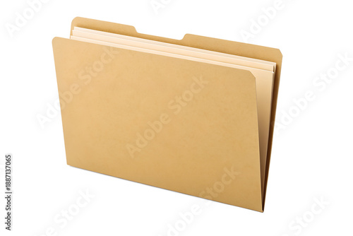 Manila file folder, open with documents, isolated on a white background, symbolizing efficient office organization and document management