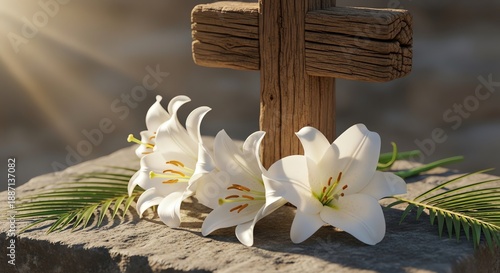 A spiritual display featuring white easter lilies, a wooden cross, and palm fronds