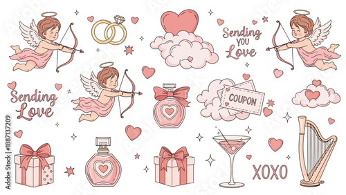 Valentine's Day themed illustrations with cute cupids and romantic symbols