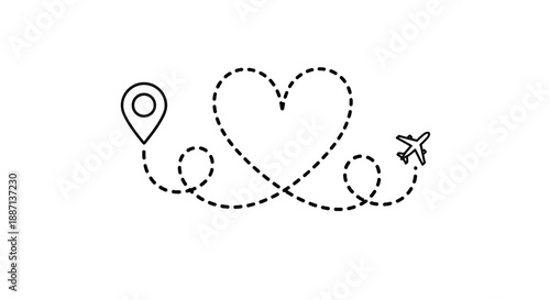 Romantic getaway travel route with heart shaped flight path