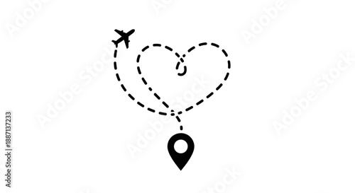 Romantic getaway travel concept with airplane and heart shaped route