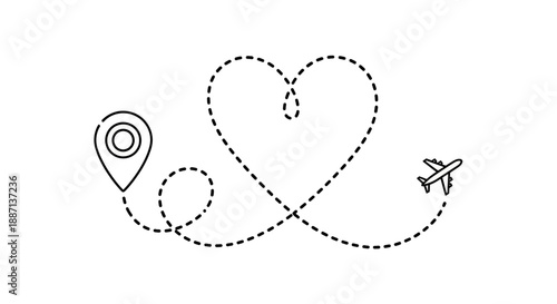 Romantic getaway travel route forming a heart shape