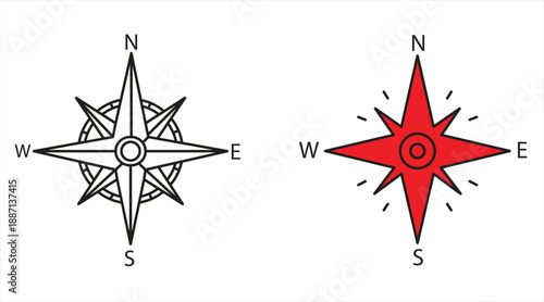 Compass navigation logo line icon vector template, waypoint symbols, N S W E vector icon set. North, south, west, east navigation arrows, EPS 10, vector illustration.