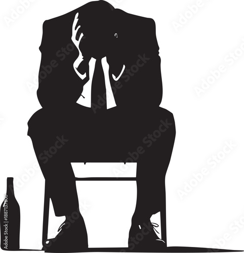 Silhouette of a man sitting on a chair with a bottle feeling depressed or drunk alone in a dark mood