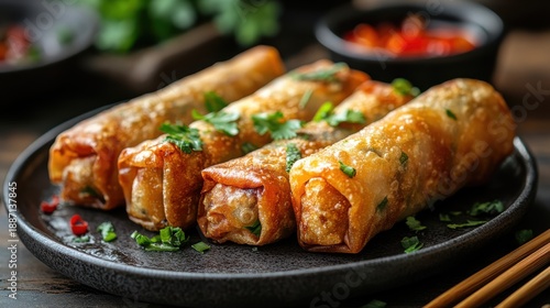Enjoying crispy Chinese spring rolls with chopsticks at a cozy table