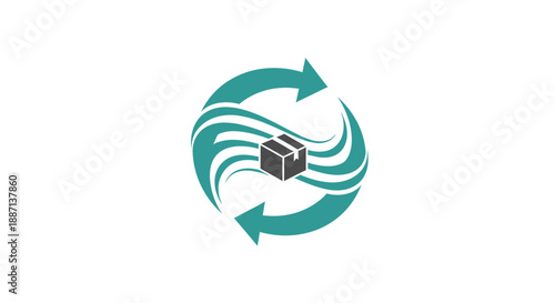 Circular Logistics Symbol Featuring A Package And Two Green Arrows On White Background