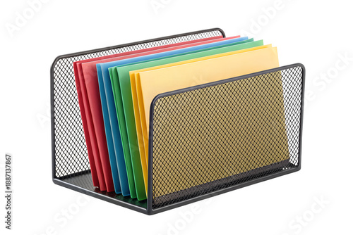 Mesh desktop file sorter featuring five colorful folders, including red, blue, green, and yellow, for efficient organization of documents and papers