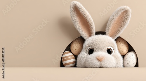 A cute white Easter bunny peeking out from behind a basket of colorful eggs on a beige background