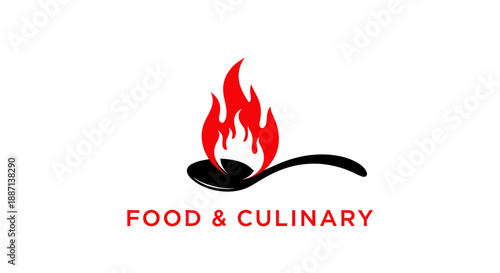 Creative Cooking Concept: Spatula Symbol Surmounted by Fiery Flames and Culinary Elements
