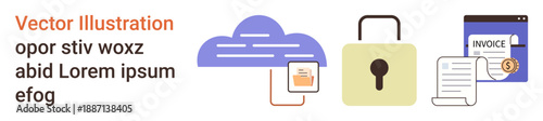 Data security, cloud storage, digital safety, financial management, online privacy, secure documents. Cloud, lock digital file invoice icon. Data security and cloud storage concept