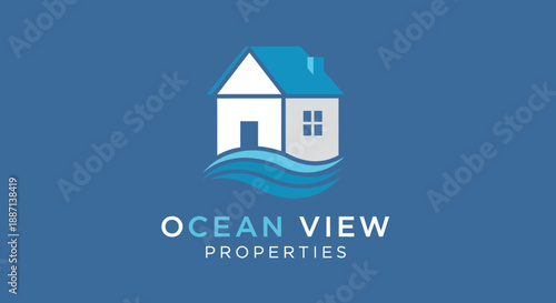 Coastal Home With Sea Waves, Representing Ocean View Real Estate Properties Logo Design