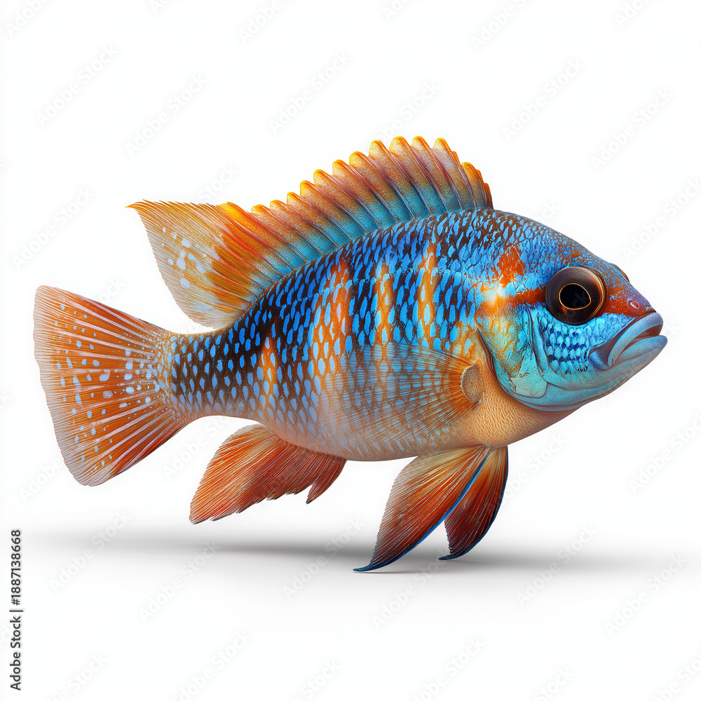 Fototapeta premium Colorful coral reef fish isolated on white background, tropical marine life, vibrant scales, detailed close-up, high-resolution, clean composition.