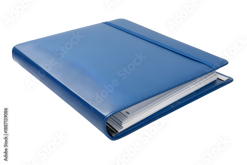 A beautiful blue closed binder with a white elastic band securing its pages, perfect for organizing documents and notes