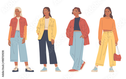 Four fashionable women showcase diverse autumn outfits with jackets sweaters and relaxed trousers in illustration