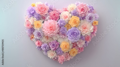 Heart Shape Arrangement of Colorful Flowers in Soft Pastel Shades