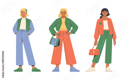 Three fashionable women standing confidently each displaying unique style through colorful outfits and accessories