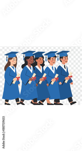 Diverse children in graduation gowns and caps holding scrolls.