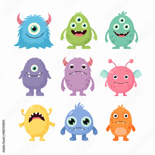 Monster big icon set. Happy Halloween. Face head colorful silhouette. Cute kawaii cartoon funny baby character. Eyes teeth fang horn tongue. Hands up, down. Flat design. White background. Vector
