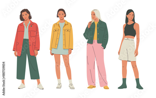 Four fashionable women displayed in full body illustrations showcasing diverse spring and summer clothing styles