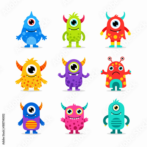 Fun Cute Little Monsters for Kids Design Colorful Collection. Big set of hand drawn black and white outline literature covers illustration. 