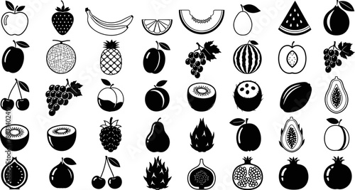 Black and white fruit icons, stylized fruit set, apple, banana, kiwi, coconut, vector fruit collection, healthy food symbols, minimal design