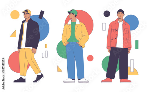 Stylish young men in fashionable casual outfits pose against a vibrant geometric abstract background