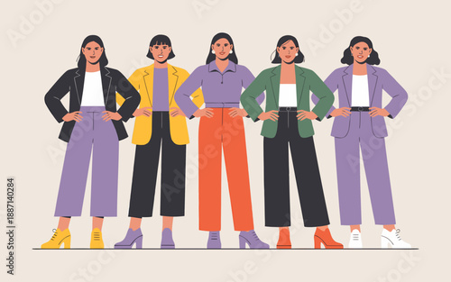 Diverse group of stylish women confidently posing in modern brightly colored suits and fashionable attire