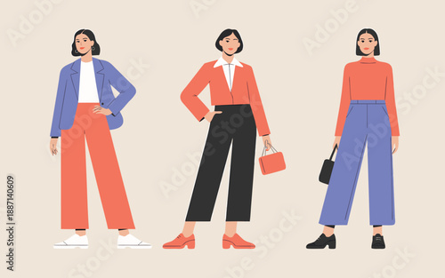 Three fashionable women are showcased in distinct colorful business casual outfits standing against a neutral backdrop