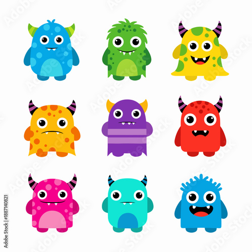 Cute cartoon monster with horns with one eye. Smiling monster emotion with big mouth.