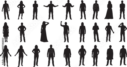 Silhouettes of diverse human figures in expressive poses, ideal for gesture analysis, character modeling, and vector-based design in animation or user interface projects.