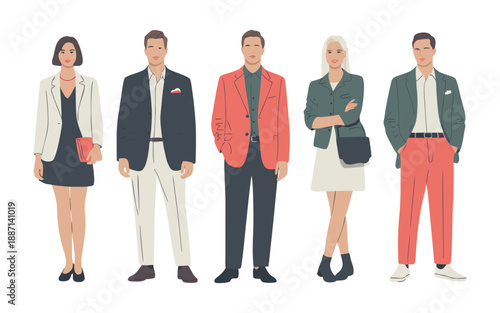 A diverse group of five stylishly dressed people are standing in a neat and organized row looking forward