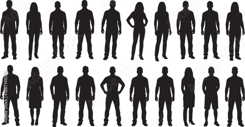 Silhouettes of eighteen diverse human figures in standing poses, ideal for demographic visuals, identity design, and vector-based character modeling applications.