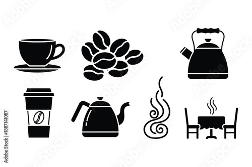 Coffee Icons: Cup, Beans, Kettles, To Go Cup, Steam, Table