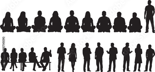 Silhouettes of eighteen human figures in seated and standing poses with expressive gestures for posture, gesture, character design, and behavioral study reference