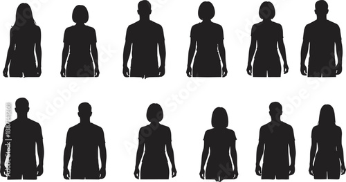 Silhouettes of male and female figures in standing posture, ideal for gender identification, human shape analysis, and vector-based demographic design applications.