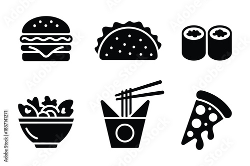 International Food Icons Burger, Taco, Sushi, Salad, Noodles
