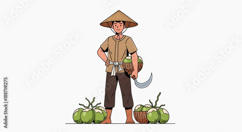 Illustration of a farmer harvesting coconuts from a palm tree in a tropical setting