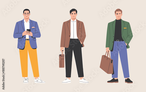 Three stylish men in fashionable outfits are standing together each with unique color schemes and accessories