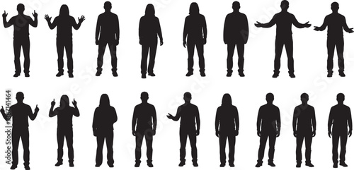 Silhouettes of sixteen human figures in varied standing poses with expressive arm gestures and outfits for posture, gesture, and character design reference