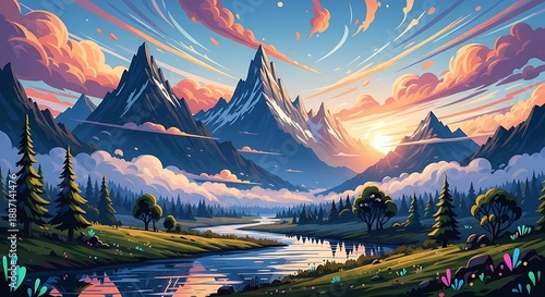 Majestic jagged peaks dominate a colorful valley landscape bathed in golden sunset light