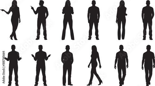 Silhouettes of twelve human figures in walking and standing poses with expressive gestures and varied outfits for posture, gesture, and character design reference