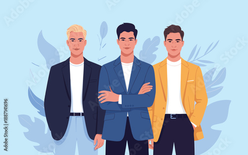 Three stylish young men in fashionable modern attire pose confidently against a soft blue and green background