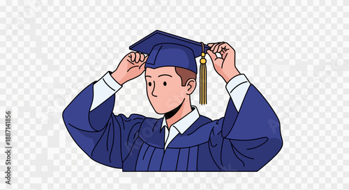 Person in graduation cap and gown adjusting hat