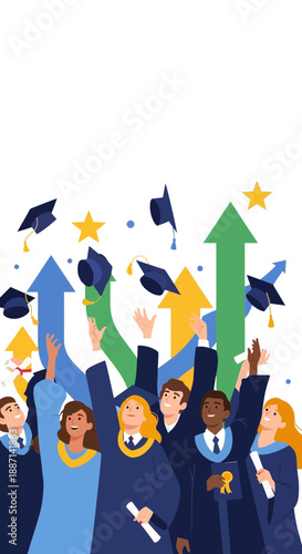 Diverse graduates celebrate with caps tossed in air and upward arrows.