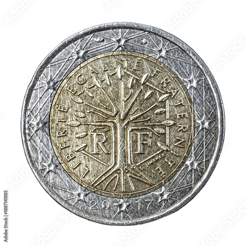 Obverse or heads side of a 2 euro coin. Oak and olive branches, a hexagon and motto of French Republic: 