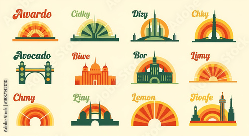 Diverse collection of colorful stylized cityscapes and architectural landmarks against sunburst backgrounds.