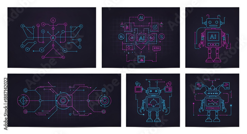 Futuristic neon line art illustrations of circuit boards and humanoid robots on dark background.