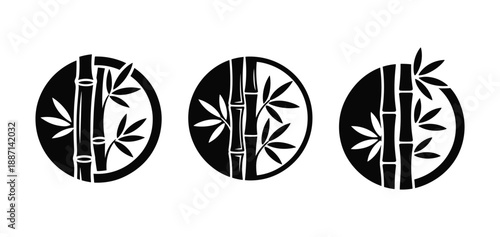 Three black and white circular bamboo designs with leaves