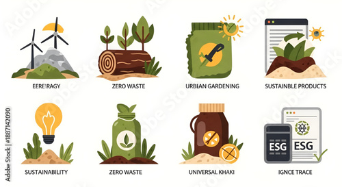 Collection of flat design icons illustrating sustainability, eco-friendly practices, and environmental concepts.