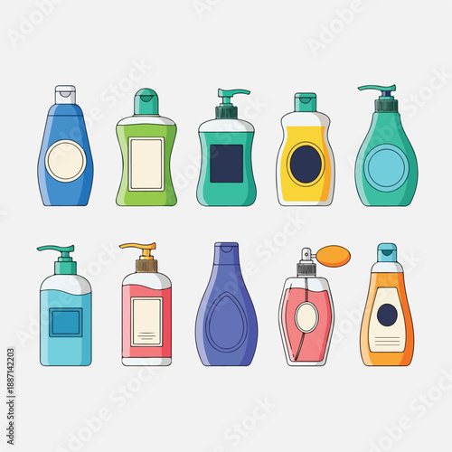 Variety of colorful bottles and containers for personal care products